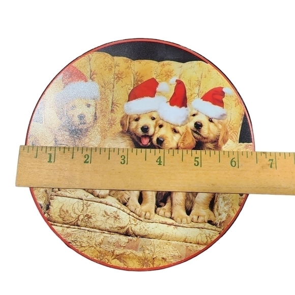 Vintage santa Hat Lab puppies cookie tin 6.5" Holiday Christmas - Picture 7 of 7